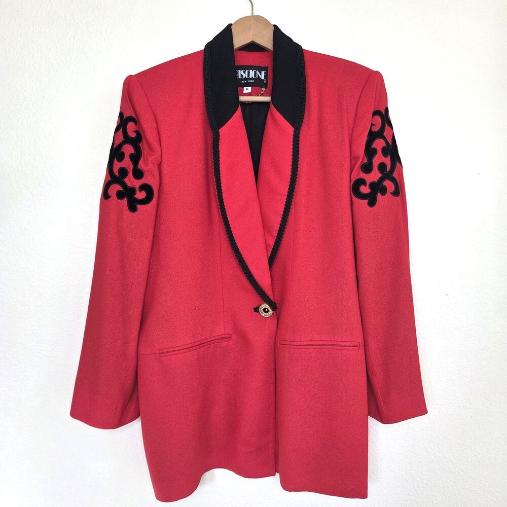 CRISCIONE Vintage 80's Red And Black Blazer Jacket Velvet Appliqué Size XL